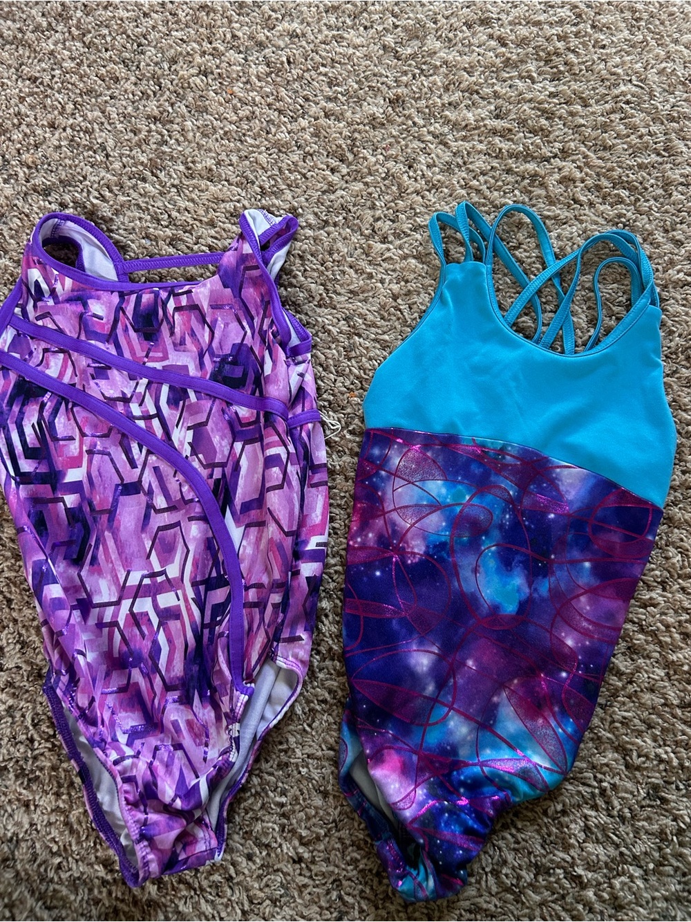 Girls Purple Geometric & Teal Galaxy One-Piece Gymnastics Leotards